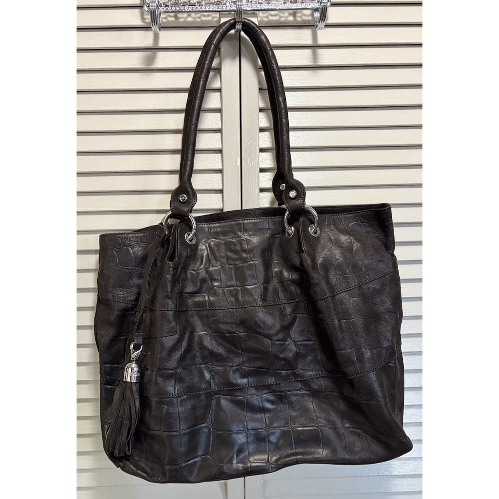 ARCADIA Italy Leather Brown Crocodile Embossed Tote Bag Large Handbag EUC